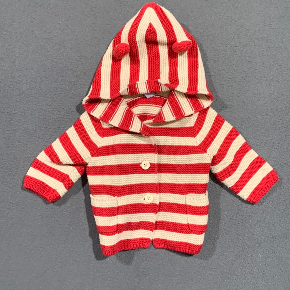 babyGap Red White Striped Bear Ear‎ Hooded Cotton Knit Cardigan Sweater 3-6M